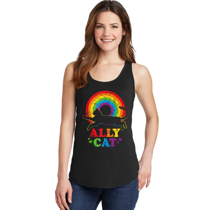 Allycat Lgbt Cat With Ally Pride Rainbow Ladies Essential Tank