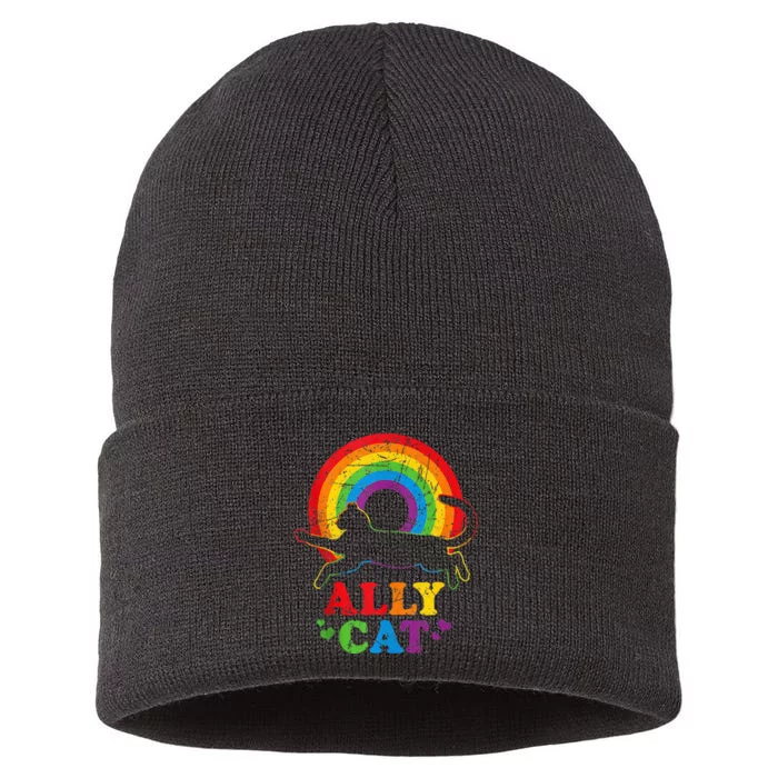 Allycat Lgbt Cat With Ally Pride Rainbow Sustainable Knit Beanie