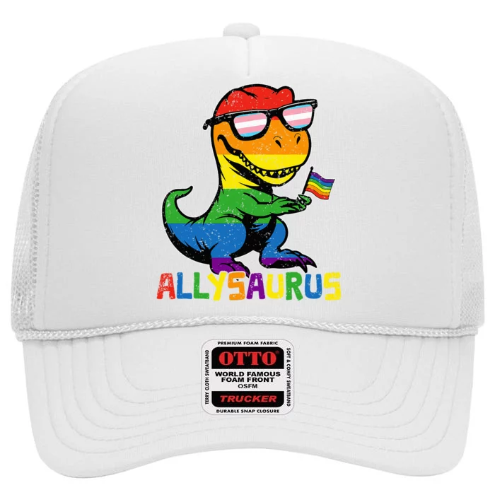 Allysaurus Lgbt Dinosaur Rainbow Flag Ally Lgbt Pride High Crown Mesh Trucker Hat