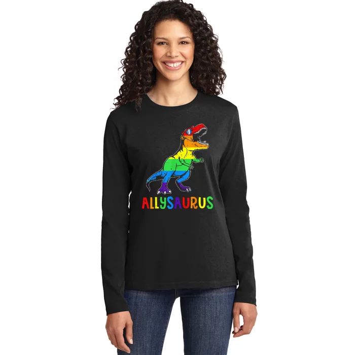 Allysaurus LGBT Dinosaur Rainbow Flag Ally LGBT Pride Ladies Long Sleeve Shirt