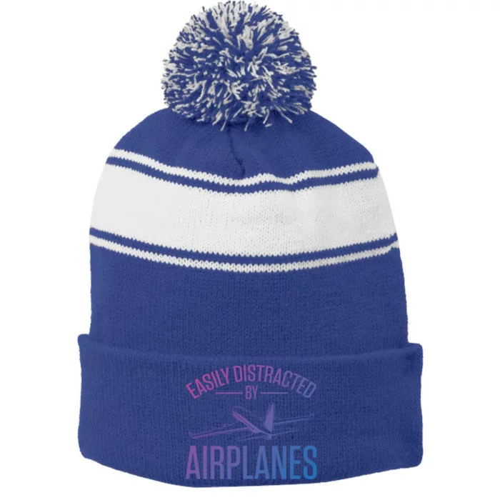 Airplane Lovers Easily Distracted By Airplanes Meaningful Gift Stripe Pom Pom Beanie