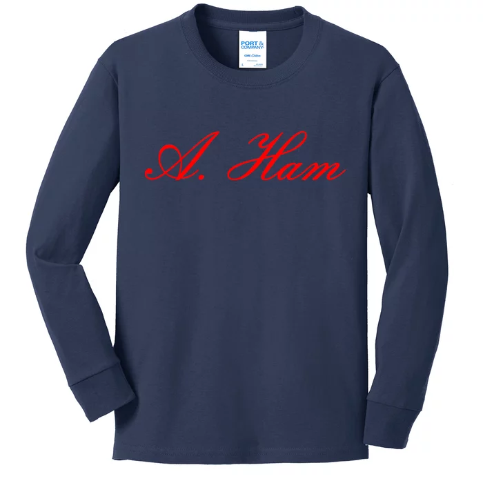 Alexander Hamilton A. Ham Red Script Logo Kids Long Sleeve Shirt