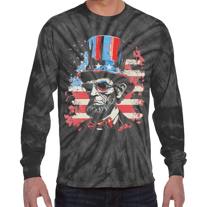 Abraham Lincoln Funny 4th of July American Flag USA America Tie-Dye Long Sleeve Shirt