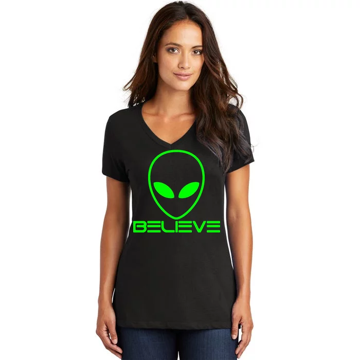 Alien Believe Funny Science Women's V-Neck T-Shirt