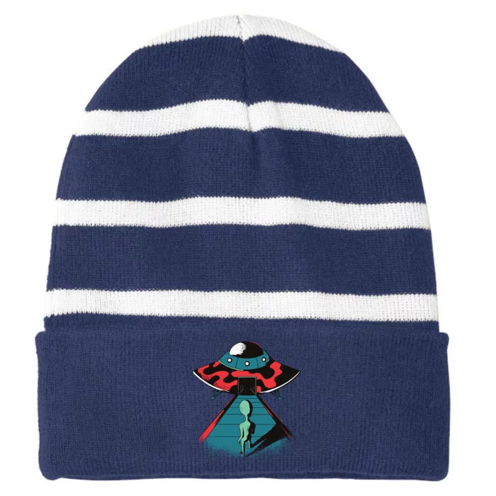 Alien Entering UFO Striped Beanie with Solid Band