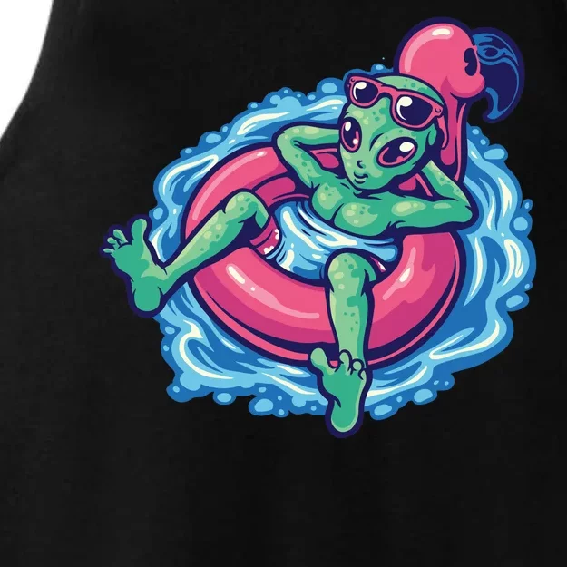 Alien On Flamingo Floaty Funny Ladies Tri-Blend Wicking Tank