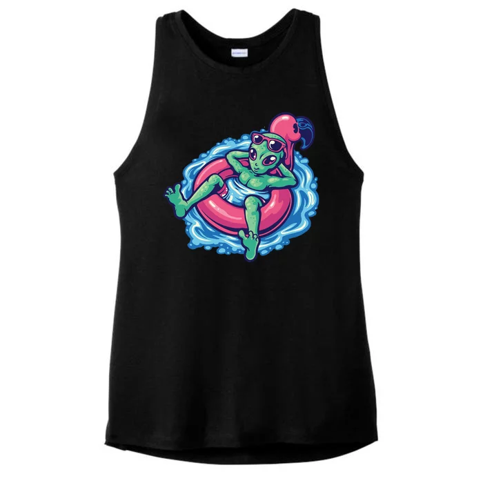 Alien On Flamingo Floaty Funny Ladies Tri-Blend Wicking Tank