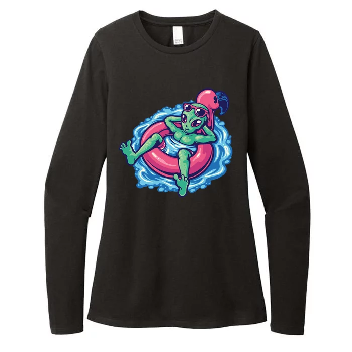 Alien On Flamingo Floaty Funny Womens CVC Long Sleeve Shirt