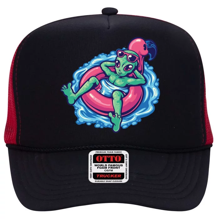 Alien On Flamingo Floaty Funny High Crown Mesh Trucker Hat