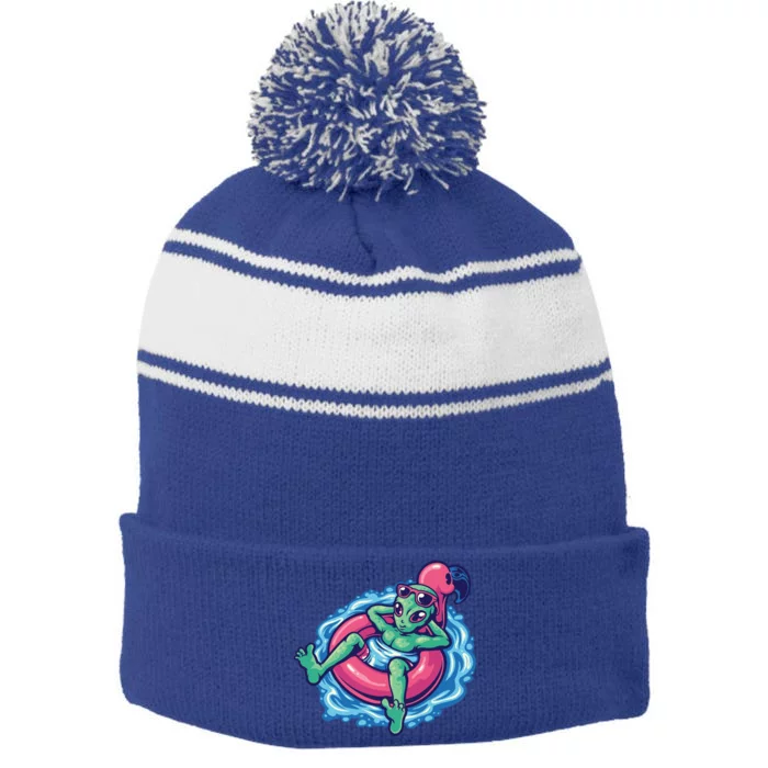 Alien On Flamingo Floaty Funny Stripe Pom Pom Beanie