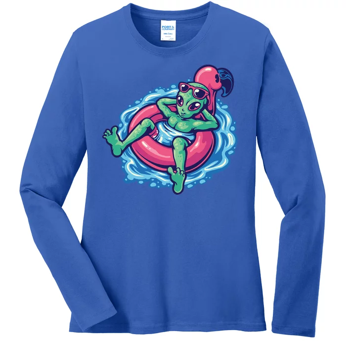 Alien On Flamingo Floaty Funny Ladies Long Sleeve Shirt