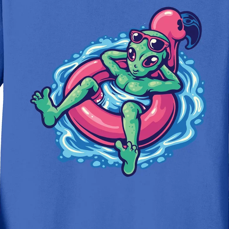 Alien On Flamingo Floaty Funny Kids Long Sleeve Shirt