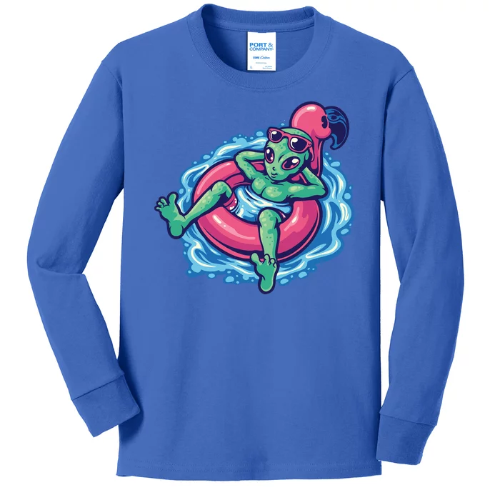 Alien On Flamingo Floaty Funny Kids Long Sleeve Shirt