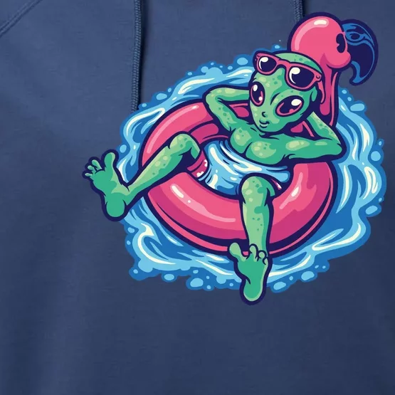 Alien On Flamingo Floaty Funny Performance Fleece Hoodie