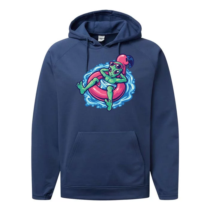 Alien On Flamingo Floaty Funny Performance Fleece Hoodie