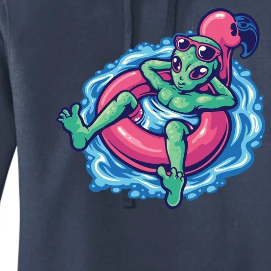 Alien On Flamingo Floaty Funny Women's Pullover Hoodie