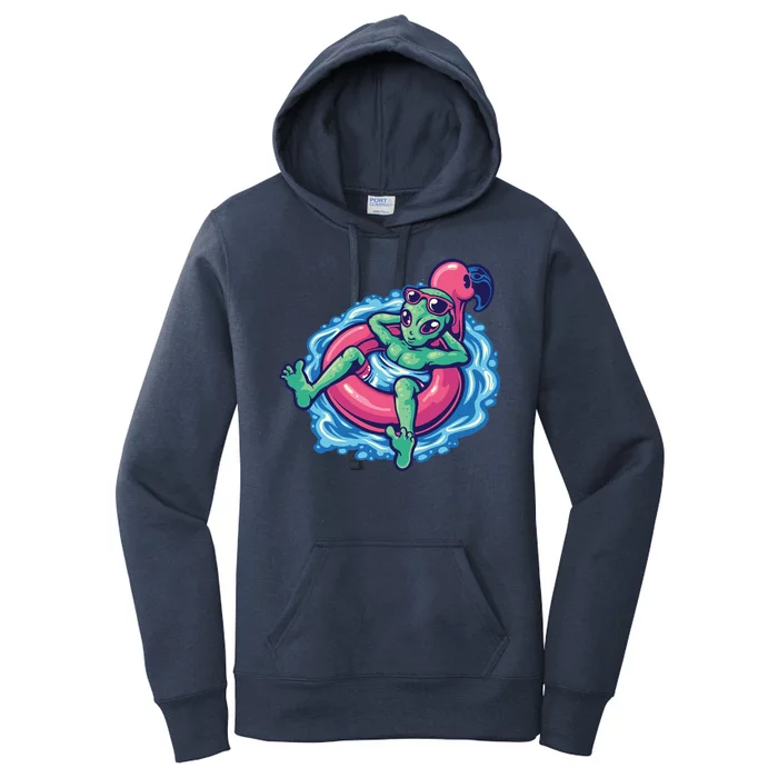 Alien On Flamingo Floaty Funny Women's Pullover Hoodie