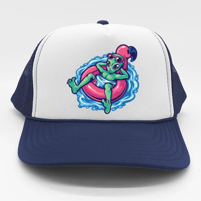 Alien On Flamingo Floaty Funny Trucker Hat