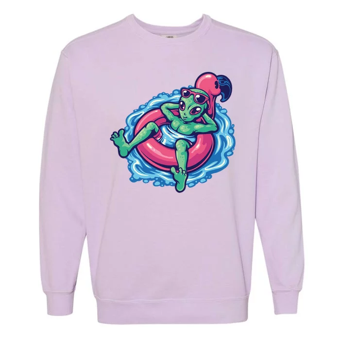 Alien On Flamingo Floaty Funny Garment-Dyed Sweatshirt