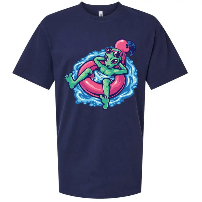 Alien On Flamingo Floaty Funny Sueded Cloud Jersey T-Shirt