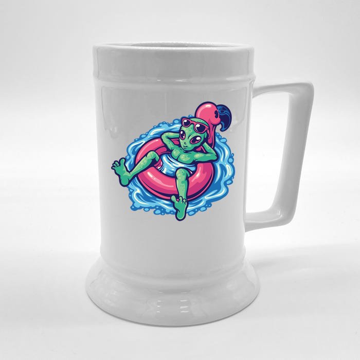 Alien On Flamingo Floaty Funny Front & Back Beer Stein