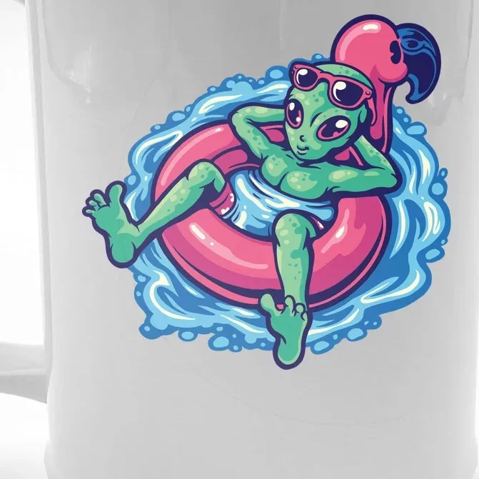 Alien On Flamingo Floaty Funny Front & Back Beer Stein