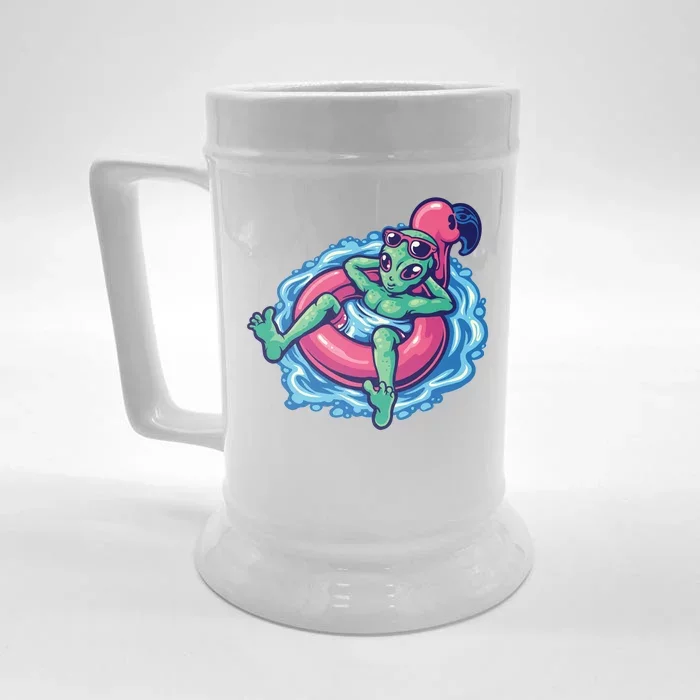 Alien On Flamingo Floaty Funny Front & Back Beer Stein