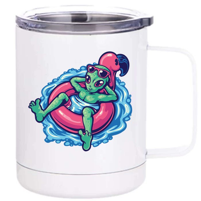 Alien On Flamingo Floaty Funny Front & Back 12oz Stainless Steel Tumbler Cup