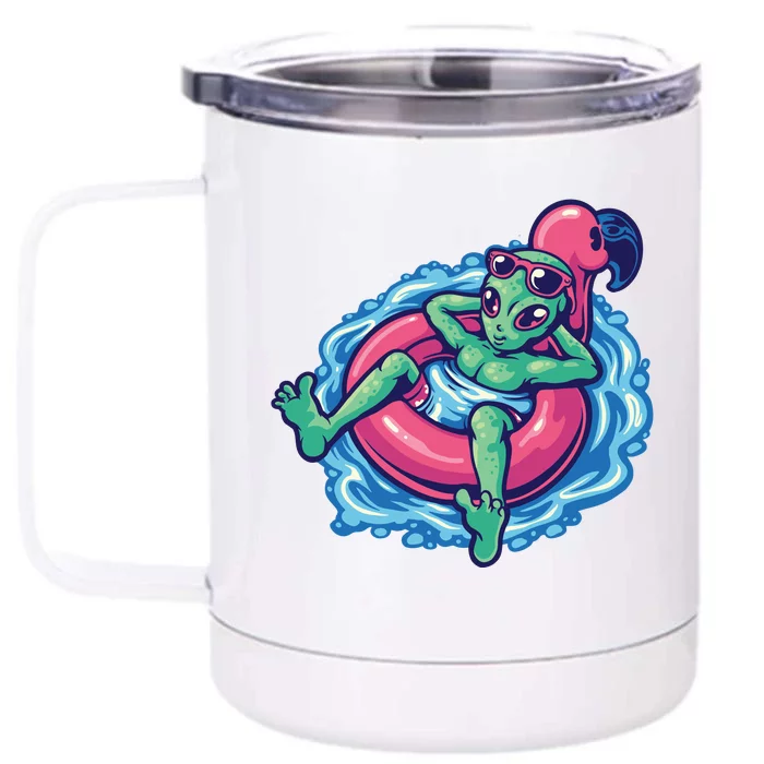 Alien On Flamingo Floaty Funny Front & Back 12oz Stainless Steel Tumbler Cup