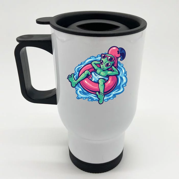 Alien On Flamingo Floaty Funny Front & Back Stainless Steel Travel Mug