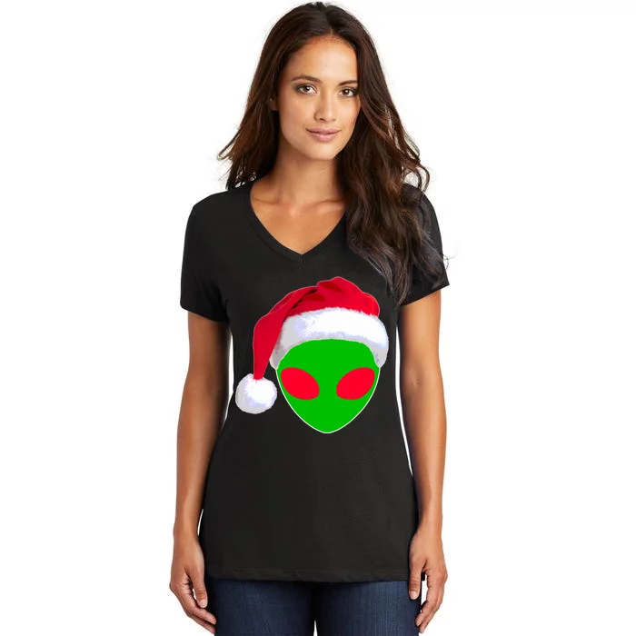 Alien Santa Claus Hat Christmas Logo Women's V-Neck T-Shirt