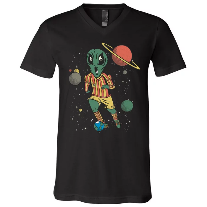 Alien Space Soccer Player V-Neck T-Shirt