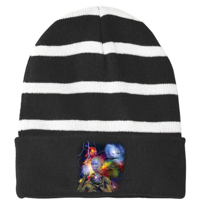 Alien Ufo In Space Striped Beanie with Solid Band