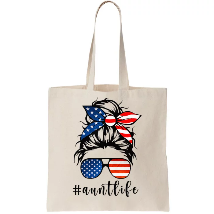 Aunt Life Messy Bun Hair Bandana Sunglasses American Flag Tote Bag