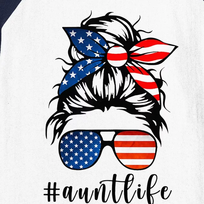 Aunt Life Messy Bun Hair Bandana Sunglasses American Flag Baseball Sleeve Shirt