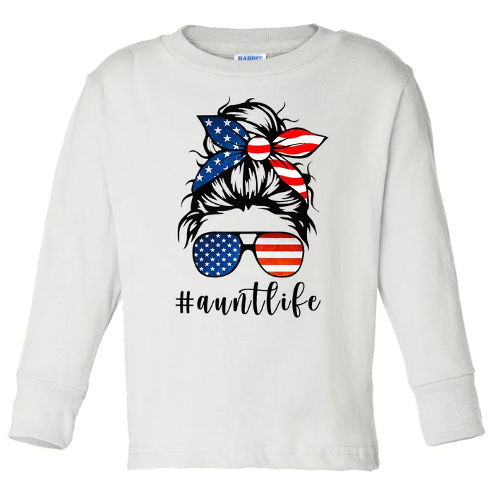 Aunt Life Messy Bun Hair Bandana Sunglasses American Flag Toddler Long Sleeve Shirt