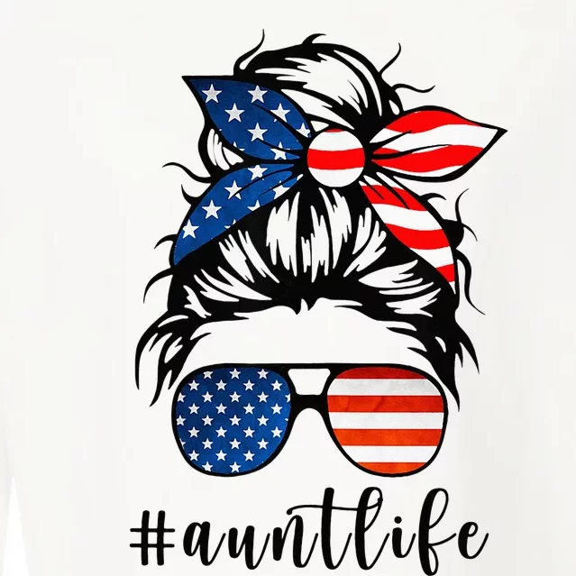 Aunt Life Messy Bun Hair Bandana Sunglasses American Flag Cropped Pullover Crew