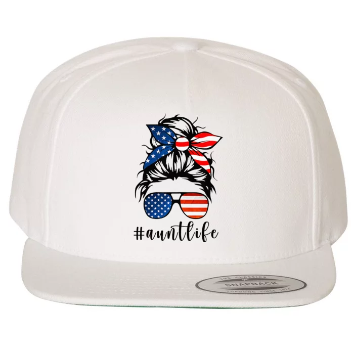 Aunt Life Messy Bun Hair Bandana Sunglasses American Flag Wool Snapback Cap