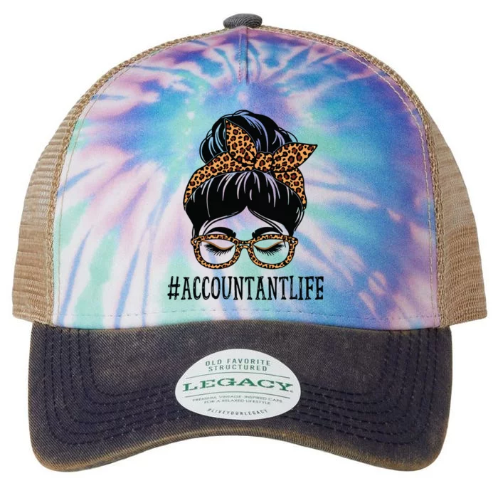 Accountant Leopard Messy Bun Women Back To School Legacy Tie Dye Trucker Hat