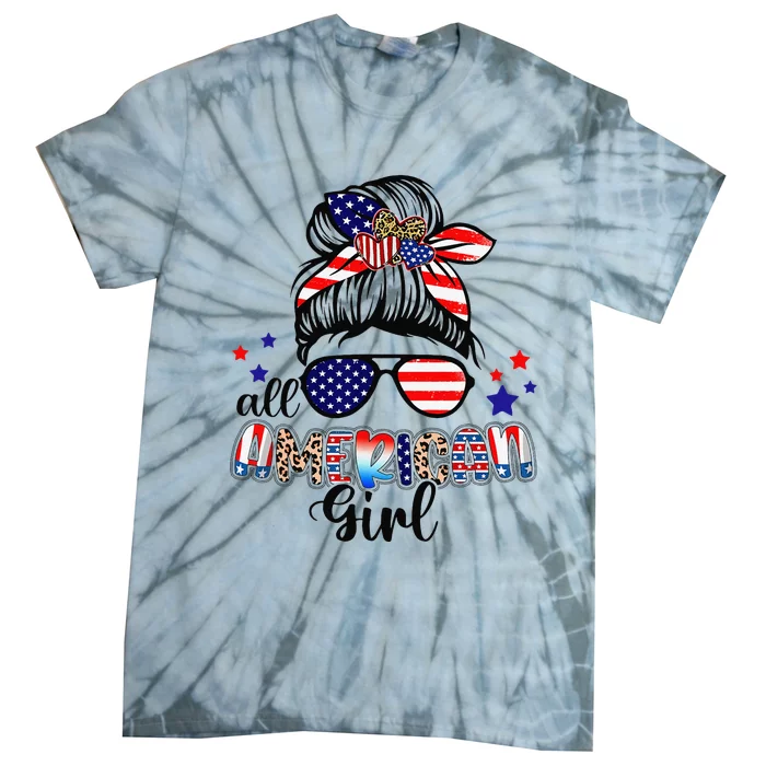 American Life Messy Bun 4th Of July Patriotic USA Women Tie-Dye T-Shirt