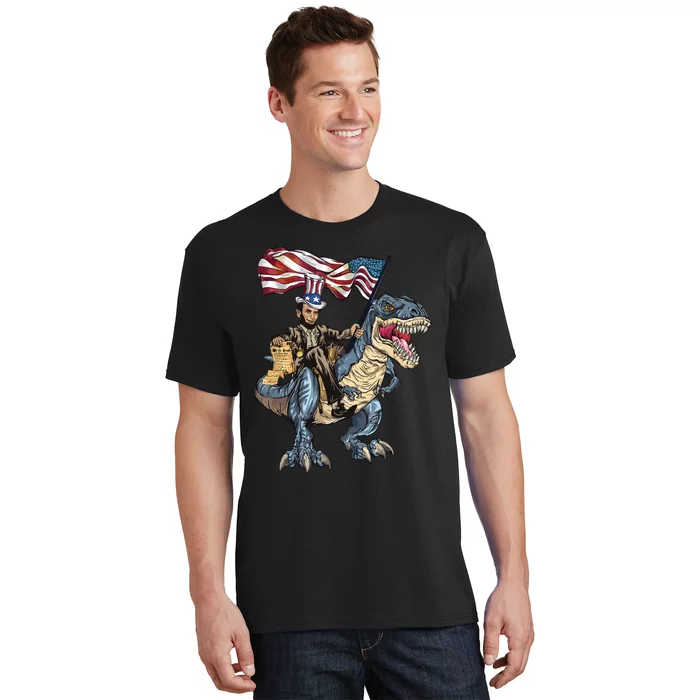 Abe Lincoln Murica T Rex Funny 4th Of July Usa Flag T-Shirt