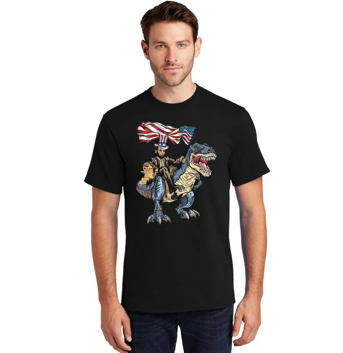 Abe Lincoln Murica T Rex Funny 4th Of July Usa Flag Tall T-Shirt