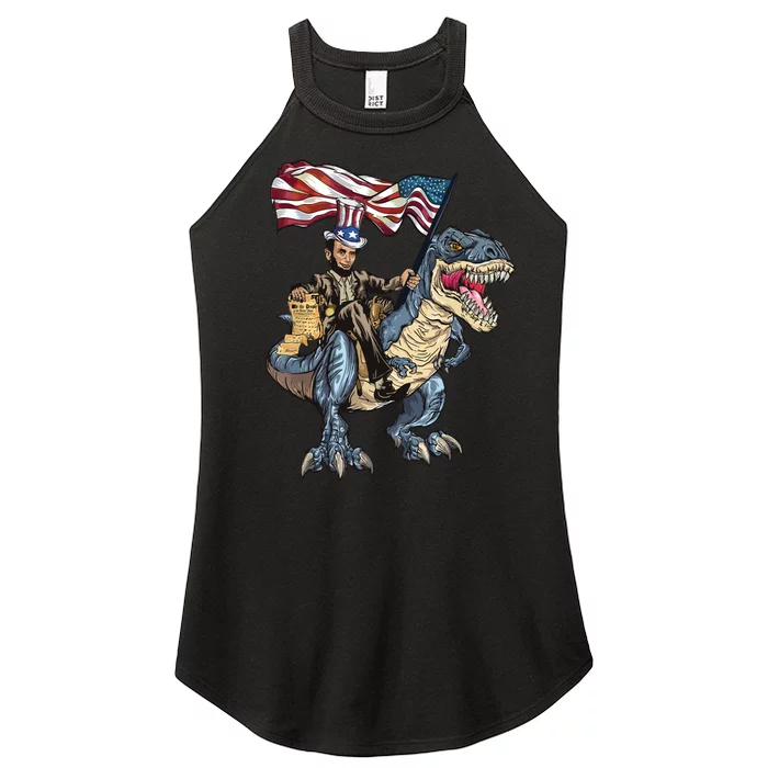 Abe Lincoln Murica T Rex Funny 4th Of July Usa Flag Women’s Perfect Tri Rocker Tank