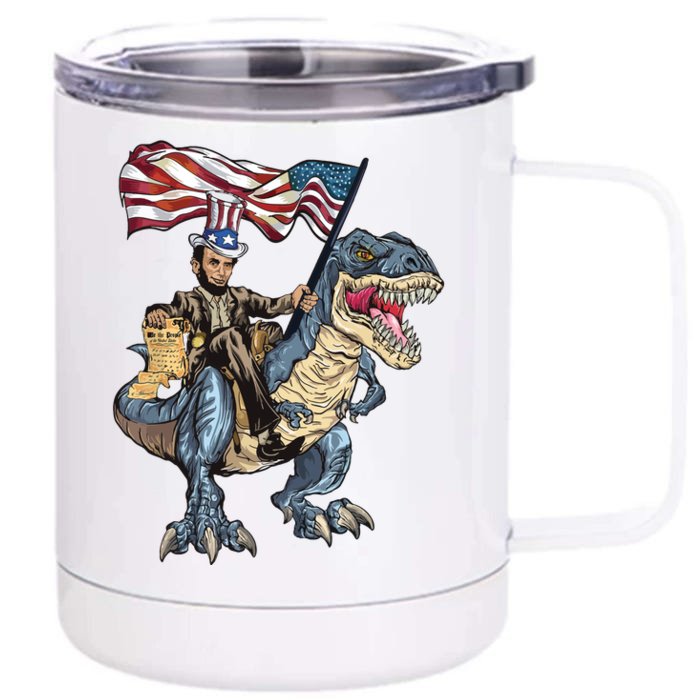 Abe Lincoln Murica T Rex Funny 4th Of July Usa Flag Front & Back 12oz Stainless Steel Tumbler Cup