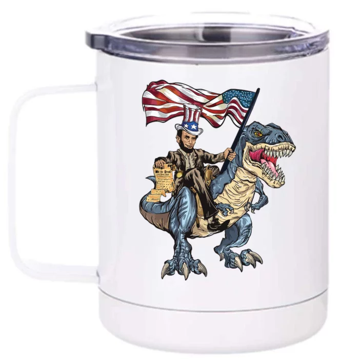 Abe Lincoln Murica T Rex Funny 4th Of July Usa Flag Front & Back 12oz Stainless Steel Tumbler Cup