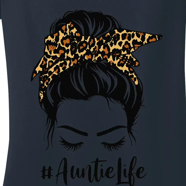 Auntie Life Messy Bun Hair Bandana Leopard Print Women's V-Neck T-Shirt