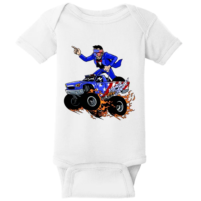 Abraham Liconln On A Monster Truck Baby Bodysuit