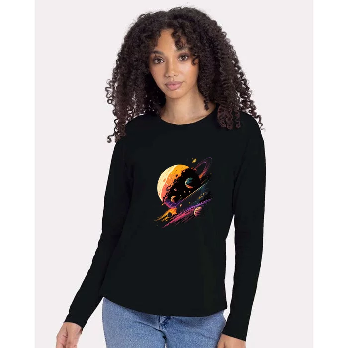 A Lot Of Big And Small Colorful Planets Womens Cotton Relaxed Long Sleeve T-Shirt