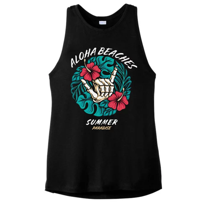 Aloha Beaches Skeleton Hand Rock On Flowers Ladies Tri-Blend Wicking Tank