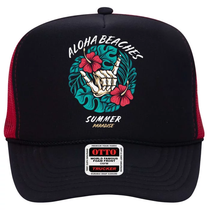 Aloha Beaches Skeleton Hand Rock On Flowers High Crown Mesh Trucker Hat